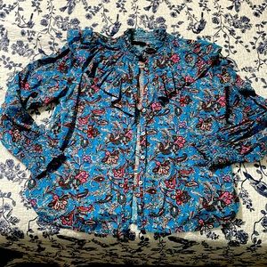 Loft ruffle high neck cottage cotton peasant blouse doen  blue paisley M medium